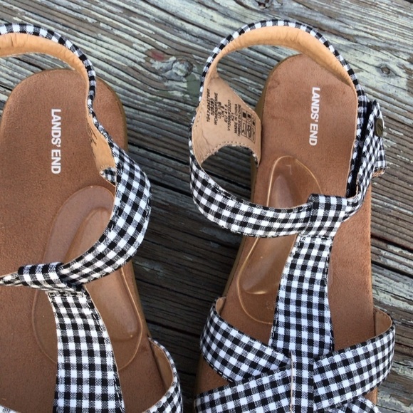 Land End Ginghams Black White Plaid Velcro Straps Summer Women Sandals - Picture 7 of 8